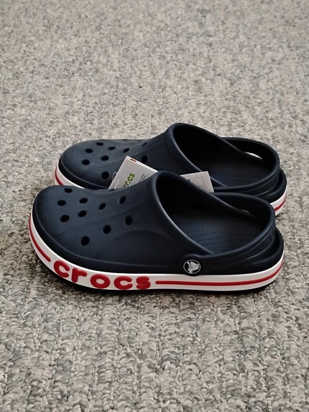 Kids navy blue, red stripe crocs, size 2, NWT